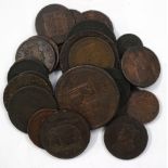 A collection of assorted bronze coins and tokens to include: a Workhouse One Pound Note dated 1813,