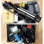 Two boxes of assorted cameras, camera equipment, microscope, etc, including Nikon, Yashica, Olympus,