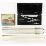 A collection of drawing related items comprising drawing implement set,