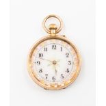 A lady's 14ct gold Continental pocket watch stamped '14c' engraved back with enamelled dial