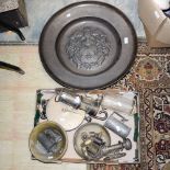 A box of brass ware, pewter, miners lamp, soda syphon and weights and a grain sack weigher etc...
