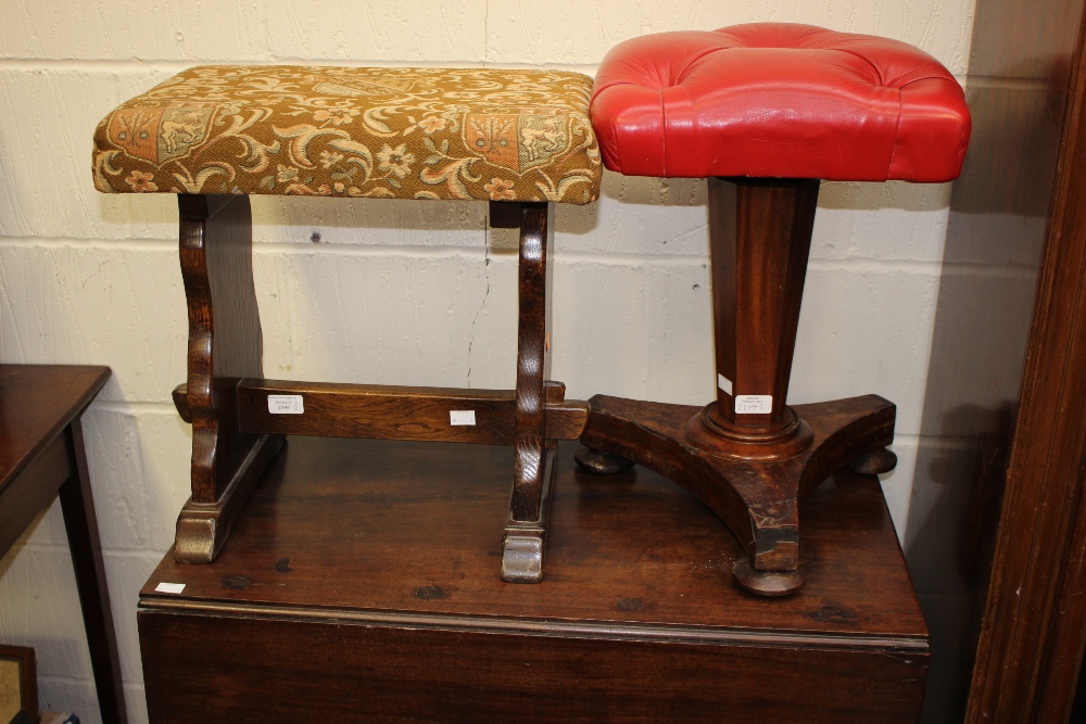 An early Victorian mahogany piano stool, together with an oak stool,