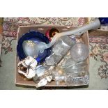 A box containing a collection of various glassware, including a 19th Century blue comport,