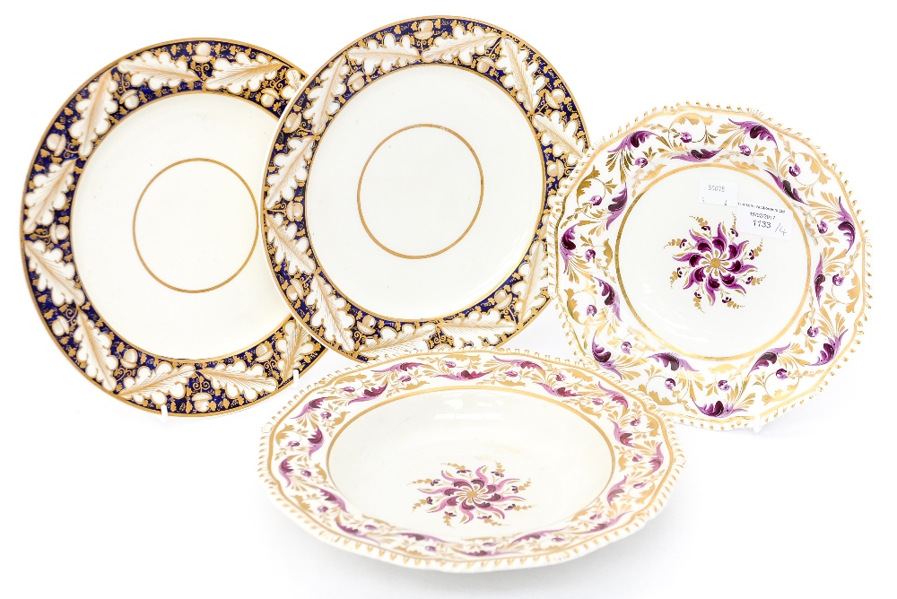 Two Bloor Derby dinner plates with oak leaf pattern,