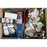 Two boxes of assorted ceramics, including Royal Doulton flambe, Coalport house models, glass Duck,