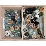 Two boxes of assorted glass bottles, ceramic chemist jars, mostly Edwardian and early 20th Century,
