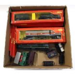 One box of boxed and unboxed Hornby OO trains, including engines, freight track, etc.