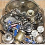 A box of silver plate including a gallery tray, goblets, teapot, vases, candelabrum,