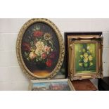 A group of five framed oil paintings, comprising floral still life, Rural scenes,