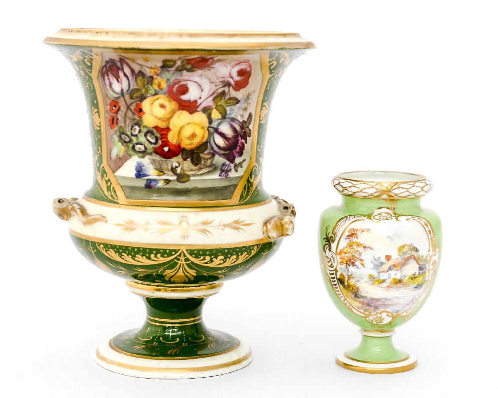 Bloor Derby green and gold urn with hand painted flowers, circa 1820,