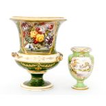 Bloor Derby green and gold urn with hand painted flowers, circa 1820,