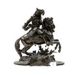 A late 19th Century French bronze figure of a cavalier on horseback, 'Passage Du Rhin',