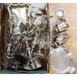 Silver plated items to include; meat fork, two pairs of candlesticks,