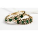 Two emerald and diamond yellow gold rings, one stamped 10K, the other hallmarked 9ct gold,