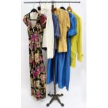 A 1950s floral dress with metal zipper, an Aquascutam lime green jacket,