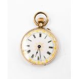 A 9ct cased ladies late 19th Century fob watch, with enamel dial and gilding to the dial,