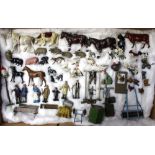 Britains farm animals and people, with a wooden farm house, pigsty,