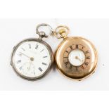 A 9ct half Hunter pocket watch, white enamel dial, Roman numerals and a silver watch,