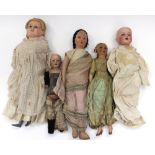 A group of five 20th Century bisque, wax over composition and cloth dolls,