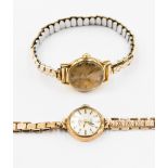 A 9ct gold cased ladies watch with (replaced) rolled gold expanding bracelet,