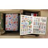 Two boxes of assorted stamps and stamp albums to include Worldwide and FDCs.