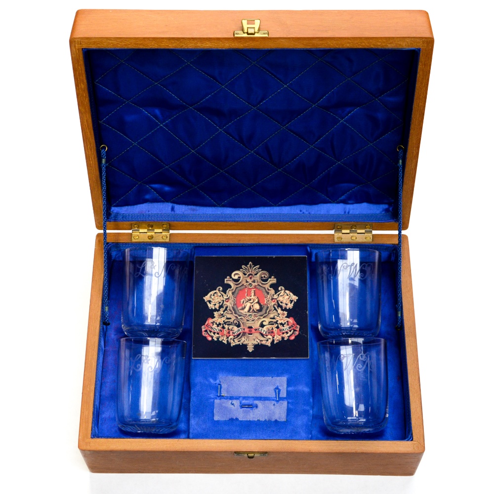 A boxed set of LNWR engraved glasses, set of four reportedly from Royal train,