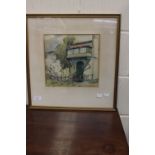 An E Dangerfield, watercolour, house front, framed and glazed,