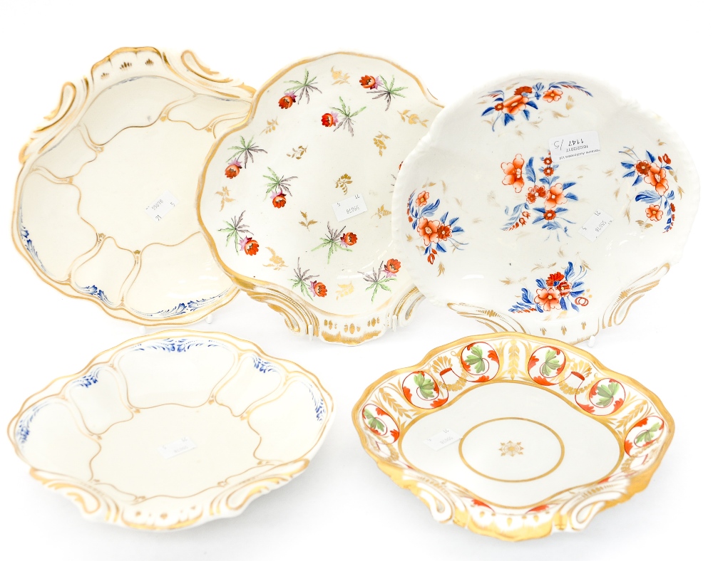 Five early 19th Century Derby shell shaped table dishes,