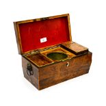 A sarcophagus shaped burr walnut veneered tea caddy, inlaid with satinwood,