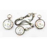 A silver fob watch with engine turned and floral decoration, white enamel dial,