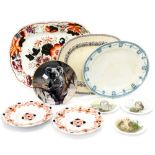 A late 19th Century Imari pattern Staffordshire meat plate with two others,