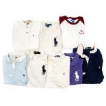 A collection of Weekend Offender Polo shirts, two white Polo shirts by Ralph Lauren,