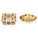 A Royal Crown Derby 1128 pattern solid gold band, oval dish and a trinket box,