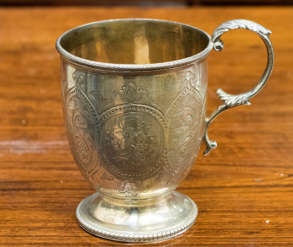 Victorian silver Christening mug, floral and foliate bright cut engraving, Elizabeth and John Eaton,