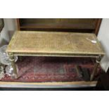 Louis XVI style giltwood and cane seated window seat, 48cm high, 100cm wide,