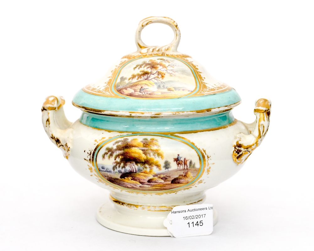 A Derby sauce tureen with hand painted scenes of Germany and Worcester with gold and turquoise