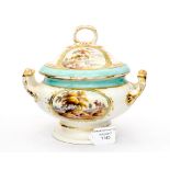 A Derby sauce tureen with hand painted scenes of Germany and Worcester with gold and turquoise