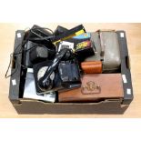 One box of mixed camera and cine equipment to include various cameras as well as a 1960's/70's GPO