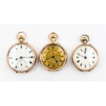 Three 9ct gold ladies fob watches, two with white enamel dials and black Roman numerals,