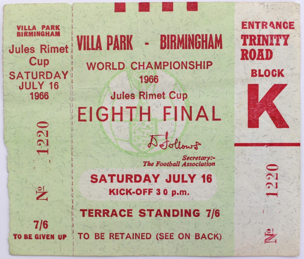 World Cup Memorabilia: A 1966 World Cup Eighth Final ticket dating to Saturday July 16th,