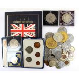 A bag of coins includes silver Proof Crowns 1980, 1981, cased with certificates, £5 2002,