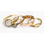 Four 9ct gold dress rings to include gentlemen's white stone solitaire, ring size T,