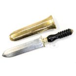 A reproduction deep sea divers knife, Black bakelite handle, brass sheath,