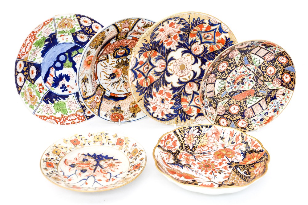 Six late 18th Century Derby Imari plates and dishes,