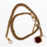 A Victorian 9ct rose gold watch chain and agate swivel fob,