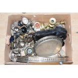 A box of assorted metalware including brass candle holders, EPNS and Old Sheffield galleried trays,