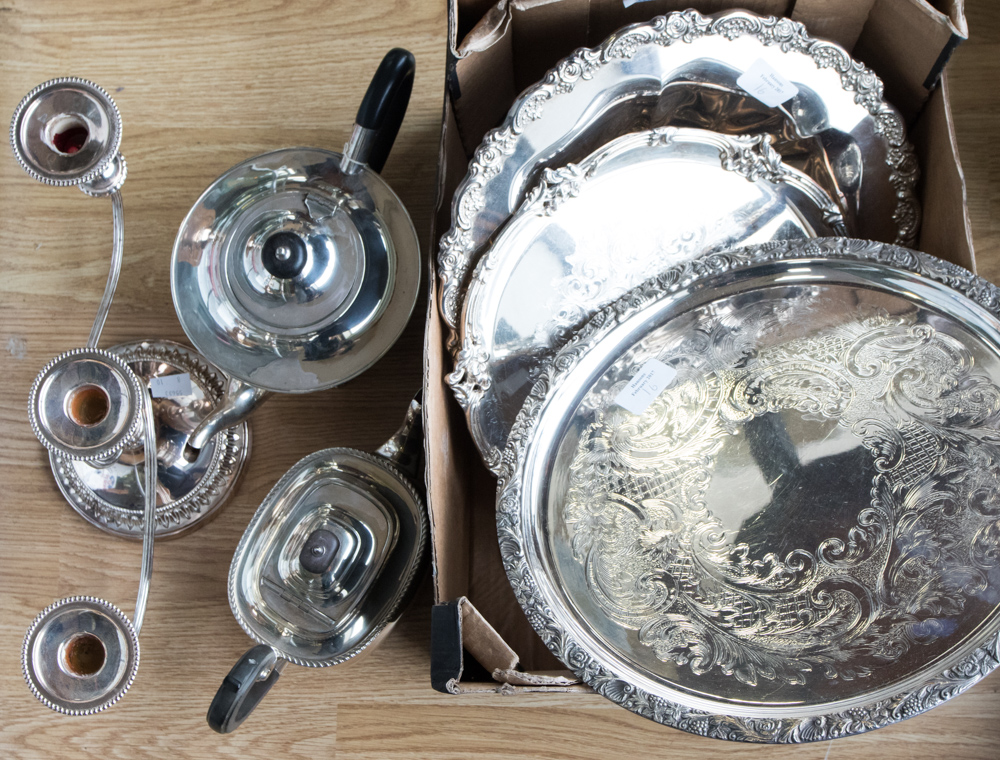 A collection of plated ware to include teapot,