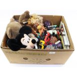 A collection of toys to include Teddy bears, Sooty glove puppet, Mickey Mouse, Barbie, Cindy,
