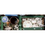 A box of Royal Crown Derby Posie pattern ornaments and tea wares (some seconds) with a box of