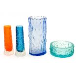 Two Whitefriars textured tapered glass vases designed by Geoffrey Baxter and two similar items of